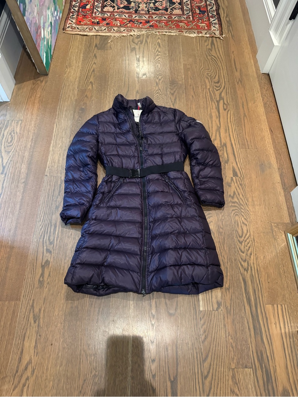 Moncler Ladies Eggplant Colored Belted Quilted Down Coat